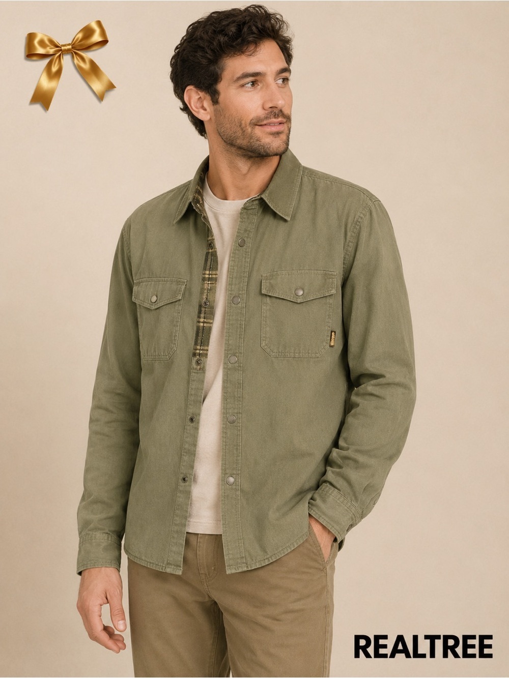 REALTREE Shirt Shirt Olive Green Snap Closure Size Small NWT